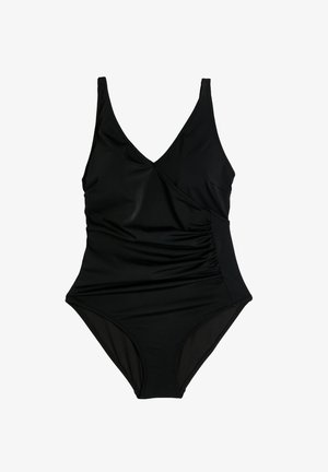 Maillot de bain une pièce noir avec un décolleté en V, des fronces sur le côté et des bretelles réglables. Fabriqué en tissu lisse et extensible.
