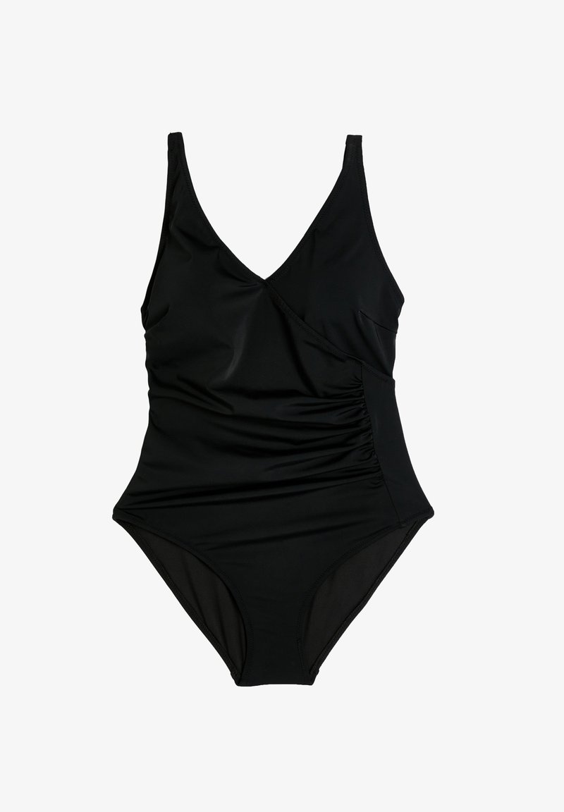 Maillot de bain une pièce noir avec un décolleté en V, des fronces sur le côté et des bretelles réglables. Fabriqué en tissu lisse et extensible.