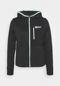 Svart huvtröja med mintgröna detaljer, som har en frontdragkedja, sidofickor och en liten bröstlogotyp. Tillverkad av mjukt, stretchigt tyg.