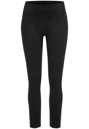 Schwarze Leggings aus einem weichen, dehnbaren Material. Eng anliegendes Design mit hohem Bund und glatter Textur, geeignet für aktive Freizeitaktivitäten.