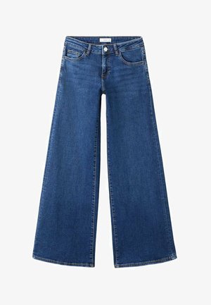 Blugi largi din denim albastru, cu buzunare frontale, bucle pentru curea și închidere cu nasture în talie.