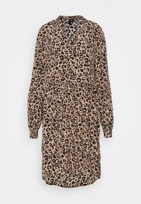 Leopardenmusterkleid in Beige und Schwarz, mit langen Ärmeln, v-Ausschnitt und plissierten Details an der Taille. Weicher, leichter Stoff.
