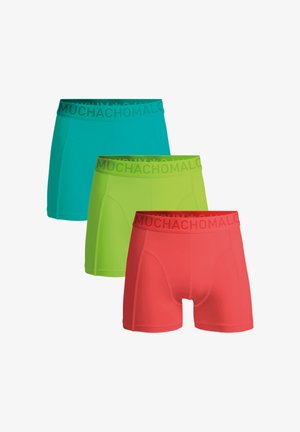 Kolm paari meeste bokserpükse toonides türkiissinine, neoonroheline ja korallpunane. Iga paar on pehme vöökohaga, millel on kiri "MUCHACHOMALO". Siledast ja venivast kangast.