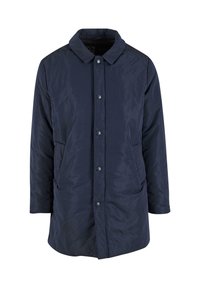 Dunkelblau gesteppte Jacke mit Kragen, Knopfverschluss vorne und zwei Seitentaschen. Verfügt über einen glatten, strukturierten Stoff und eine lockere Passform.