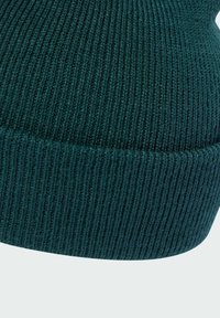 Beanie lavorato a maglia di un verde scuro con texture a coste. Presenta un ampio risvolto in fondo e un materiale morbido e flessibile.