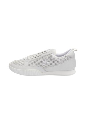 White low-top sneaker with perforated side panels, lace-up front, and textured sole, shown from the outer side profile.