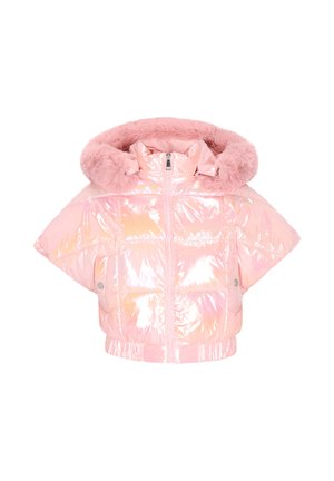 Prošívaná bunda z reflexního růžového materiálu s kapucí lemovanou kožešinou, krátkými širokými rukávy a zapínáním na zip. Má prošívané části a žebrovaný lem.