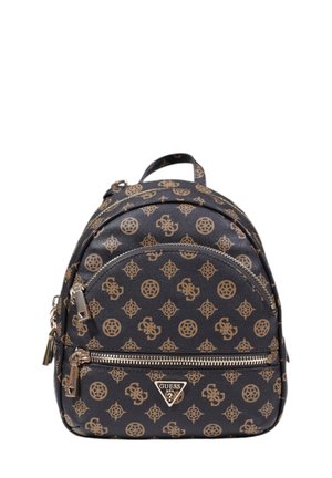 Schwarzer Kunstleder-Rucksack mit goldenen Logo-Mustern, zwei Reißverschlussfächern, Griff oben und verstellbaren Schultergurten.