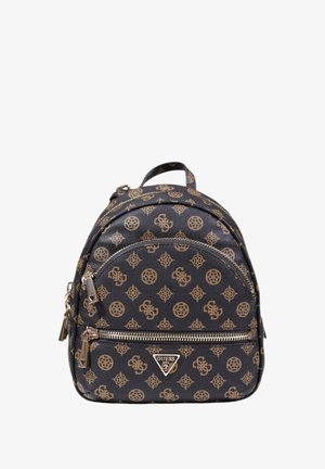 Sac à dos en cuir synthétique noir avec des motifs de logo dorés, deux compartiments zippés, une poignée supérieure et des bretelles réglables.