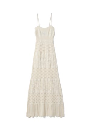 Abito lungo in maglia color crema con spalline sottili, caratterizzato da motivi a trama variata e orlo smerlato.