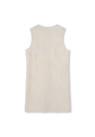 Haut sans manches beige clair présentant un motif de feuilles texturé, avec un col rond et une finition en tissu lisse.