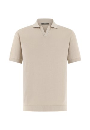 Polo beige à manches courtes avec un col doux et un décolleté en V, fabriqué en tissu léger.