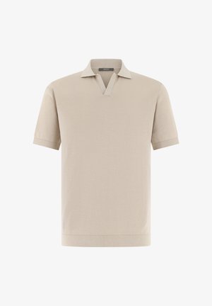 Beige lyhythihainen poolopaita, jossa pehmeä kaulus ja V-muotoinen pääntie, valmistettu kevyestä kankaasta.