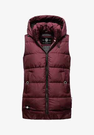 Veste matelassée sans manches bordeaux avec fermeture éclair à l'avant, deux poches avec boutons-pression et col haut avec capuche.