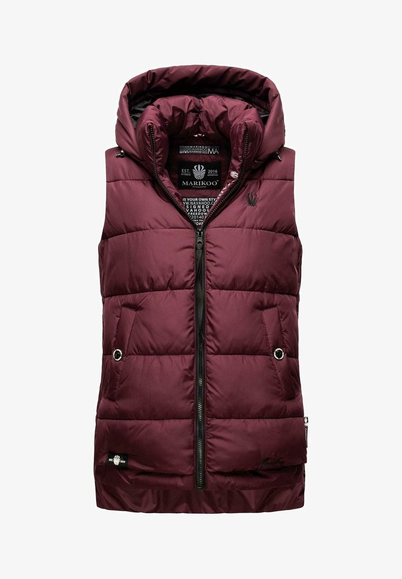 Veste matelassée sans manches bordeaux avec fermeture éclair à l'avant, deux poches avec boutons-pression et col haut avec capuche.