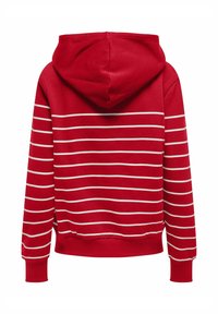 Felpa con cappuccio rossa e righe orizzontali bianche, caratterizzata da una vestibilità comoda, polsini e orlo a costine. Tessuto morbido e texture liscia.