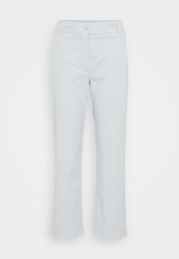 Ljust blå bomullsblandning byxor med rak ben-design, knapp och dragkedjeöppning, och två framfickor. Slät textur och fållfinish.