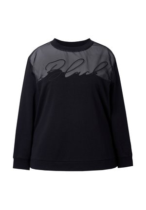 Černá mikina s průhledným černým panelem přes hrudník, na kterém je nápis "Black" psaný kurzívou. Dlouhé rukávy a kulatý výstřih.