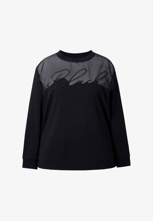 Felpa nera con un pannello trasparente nero sul petto con la parola "Black" scritta in corsivo. Maniche lunghe e scollo rotondo.