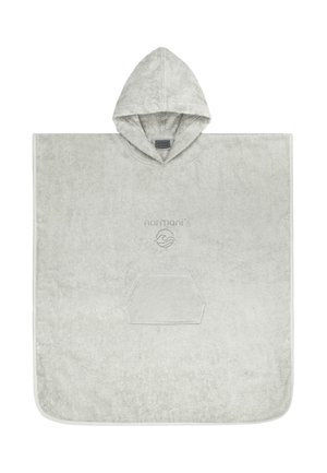Hellgrauer Kapuzenhandtuch-Poncho mit Fronttasche und Logo-Stickerei auf der Brust, aus weichem Frottee.
