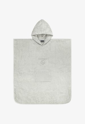 Hellgrauer Kapuzenhandtuch-Poncho mit Fronttasche und Logo-Stickerei auf der Brust, aus weichem Frottee.
