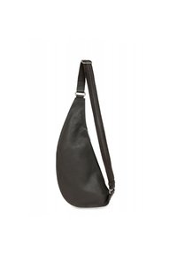 Borsa a tracolla in pelle nera con forma a goccia, dotata di tracolla regolabile, texture liscia e design minimalista.