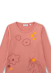 Langärmliges rosa Hemd mit bestickten Blumen und einem Pferdedesign. Besitzt einen strukturierten Stoff und farbenfrohe Blumenapplikationen in Gelb und Orange.