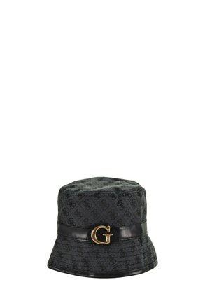 Cappello a secchiello nero con motivo logo sottile, fascia in pelle nera e emblema dorato "G" sul davanti.