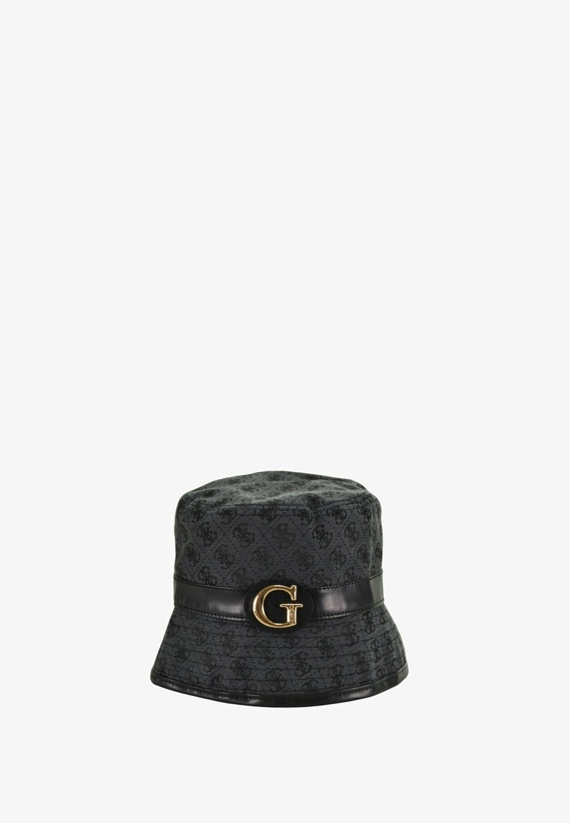 Cappello a secchiello nero con motivo logo sottile, fascia in pelle nera e emblema dorato "G" sul davanti.