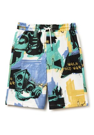 Pantaloncini casual con elastico in vita e coulisse bianca, caratterizzati da una stampa astratta in stile graffiti con altoparlanti, dischi e colori giallo, blu, verde.