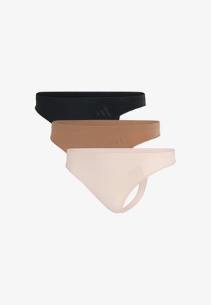 Biały prążkowany top na ramiączkach z szerokimi paskami, z logo Adidas na dolnym prawym rogu. W zestawie z czarnymi figami bikini. Prosty design.