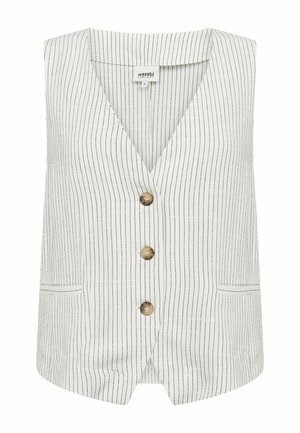 Gilet blanc sans manches avec de fines rayures noires verticales, trois boutons bruns sur le devant et deux petites poches avant.