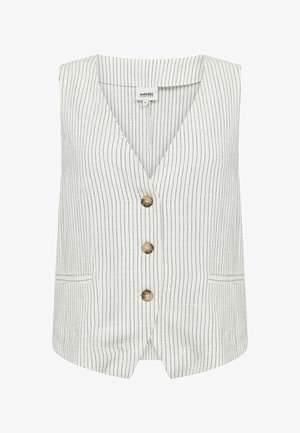 Weißes ärmelloses Weste mit dünnen vertikalen schwarzen Streifen, drei braunen Knöpfen vorne und zwei kleinen Fronttaschen.