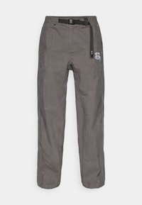 Gray casual pants with an integrated black adjustable belt and white logo graphic on the right thigh.
