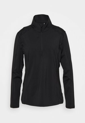 Pulover negru dintr-un material ușor, cu guler cu fermoar pe jumătate, mâneci lungi și un design sportiv, ajustat, cu umeri fără cusături.