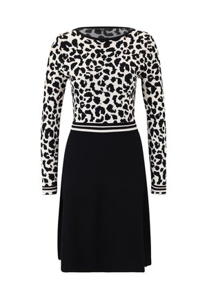 Schwarzes und cremfarbenes Kleid mit einem Leopardenmuster-Oberteil, langen Ärmeln und einem taillierten Oberteil mit einem gestreiften Taillenbund. Der Rock fällt sanft aus.