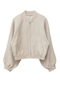 Veste beige à fermeture éclair avec poignets et taille élastiques, deux poches à l'avant et un col côtelé, présentée sur fond blanc.