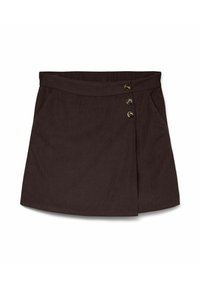 Mini gonna in corduroy marrone scuro con tasche laterali e tre bottoni decorativi sul pannello avvolgente destro in vita.