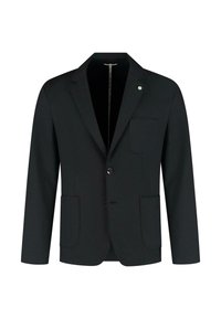 Sacou negru dintr-un material neted, cu închidere printr-un singur nasture, rever descoperit, un buzunar pe piept și două buzunare aplicate în față.