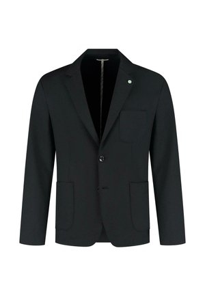 Blazer nero realizzato in tessuto liscio, con chiusura a un bottone, rever a contrasto, tasca sul petto e due tasche applicate frontali.
