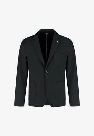 Blazer noir en tissu lisse, avec une fermeture à un bouton, des revers crantés, une poche poitrine et deux poches plaquées à l'avant.
