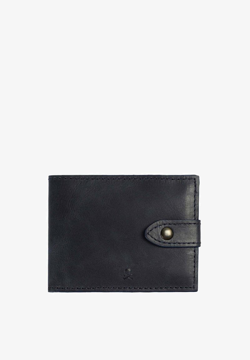 Black leather wallet with a smooth texture, button closure, and stitched edges. Features a small skull logo at the bottom corner.