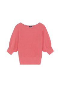 Maglione in corallo a maglia con scollo a barchetta, maniche corte a sbuffo e orlo a coste. Texture liscia con un colore uniforme e senza motivi.