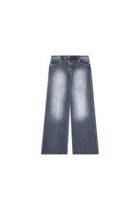 Lage taille denim broek met wijde pijpen in donkergrijs met lichte vervaging. Beschikt over vijf pockets, knoopsluiting en een rechte zoom. Zachte textuur.