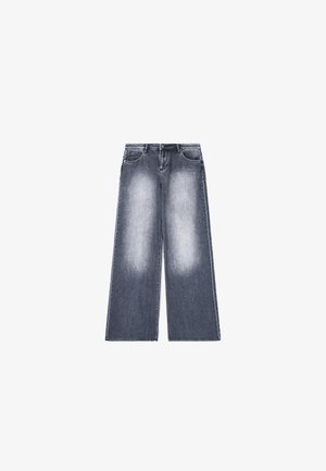 Weite Jeans aus Denim in Dunkelgrau mit heller Ausbleichung. Mit fünf Taschen, Knopfverschluss und geradem Saum. Weicher Stoff.