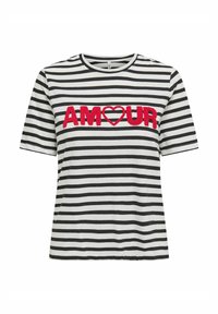 Gestreepte t-shirt in zwart en wit met korte mouwen. Bevat rode geborduurde "AMOUR" tekst met een hartvorm in het ontwerp.