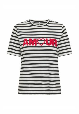 Striped t-shirt in black and white with short sleeves. Features red embroidered "AMOUR" text with a heart shape in the design.
