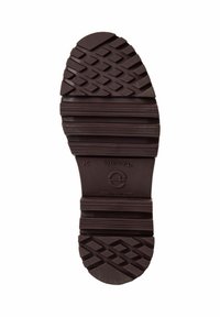 Semelle de chaussure en caoutchouc marron, présentant un motif de semelle texturé avec des diamants et des rainures pour une meilleure adhérence, logo de la marque en relief et marquages de taille.