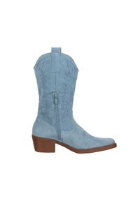 Botas vaqueras de ante azul con punta puntiaguda, detalles de costura y cremallera lateral, complementadas por un tacón apilado marrón.