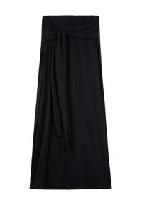 Gonna maxi nera realizzata in tessuto morbido e elasticizzato. Presenta un dettaglio in vita con lacci, una silhouette fluida e un design lungo fino alla caviglia.
